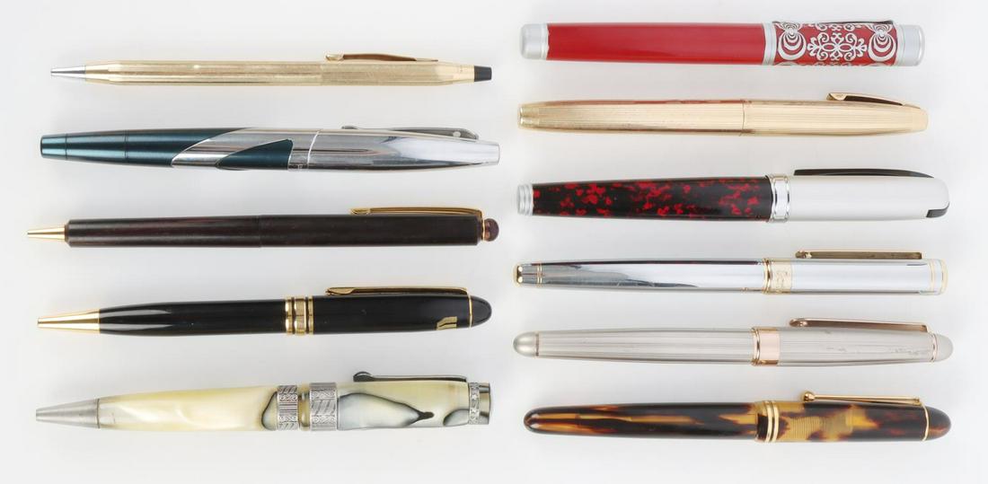 10 FOUNTAN PEN ROLLERBALL LOT WATERMAN SCRIVEINER: Partial list includes Waterman roller ball, Scriveiner Fountain pen with instructions, Gold Fill Shaefer cartridge pen, Ritro cartridge pen, Schaefer roller ball, Cross Ball Point, and 5 others. Most 