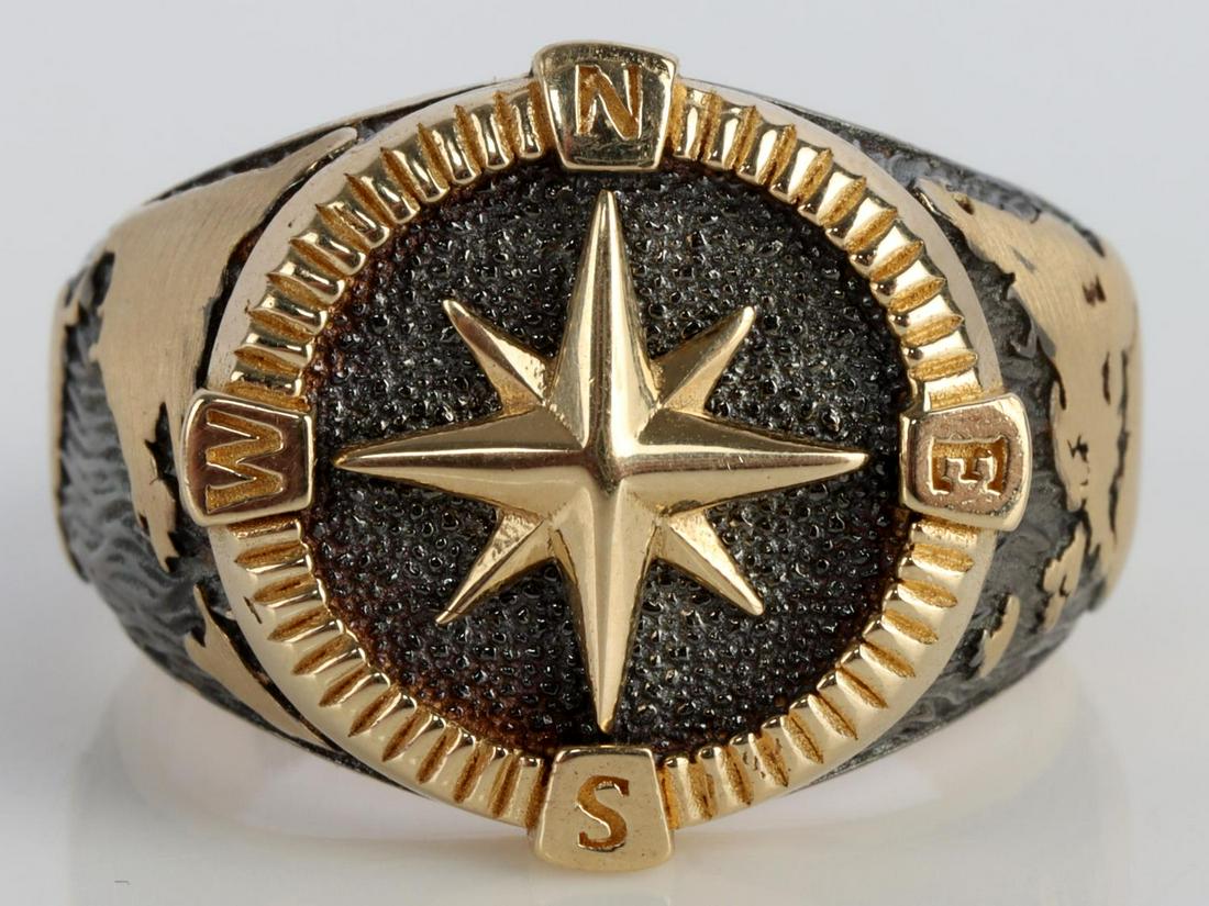 14KT GOLD TRAVELERS COMPASS AND GLOBE RING SZ 10.5: 14kt gold with enamel Traveler Compass ring. Marked and tested 585. Size 10.5. Total weight of 9.8 grams. This lot has a reserve.
