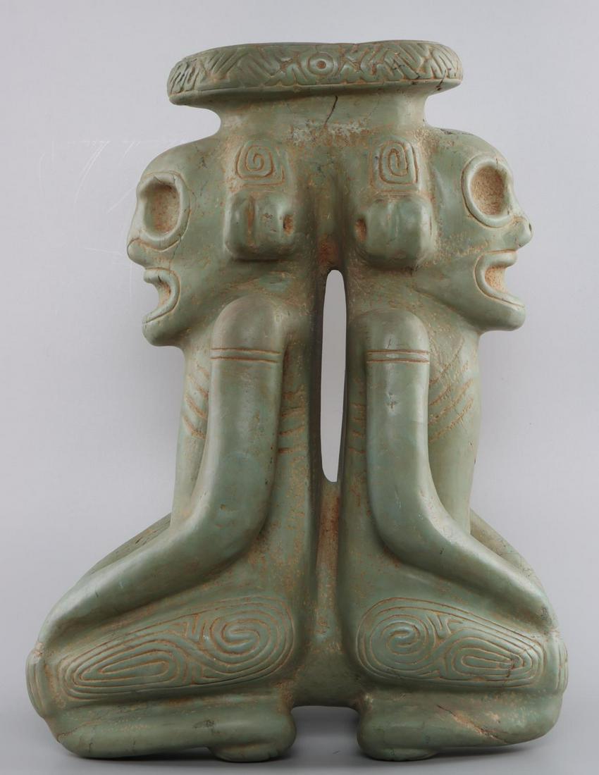 TAINO STONE COHOBA STAND ANTHROPIC FIGURES: Taino. Fantastic stone Cohoba Stand with duel Anthropomorphic figures supporting snuffing platform. Cohoba stands were usually made of wood (Lignum vitae) and are rarely seen this size. They were used