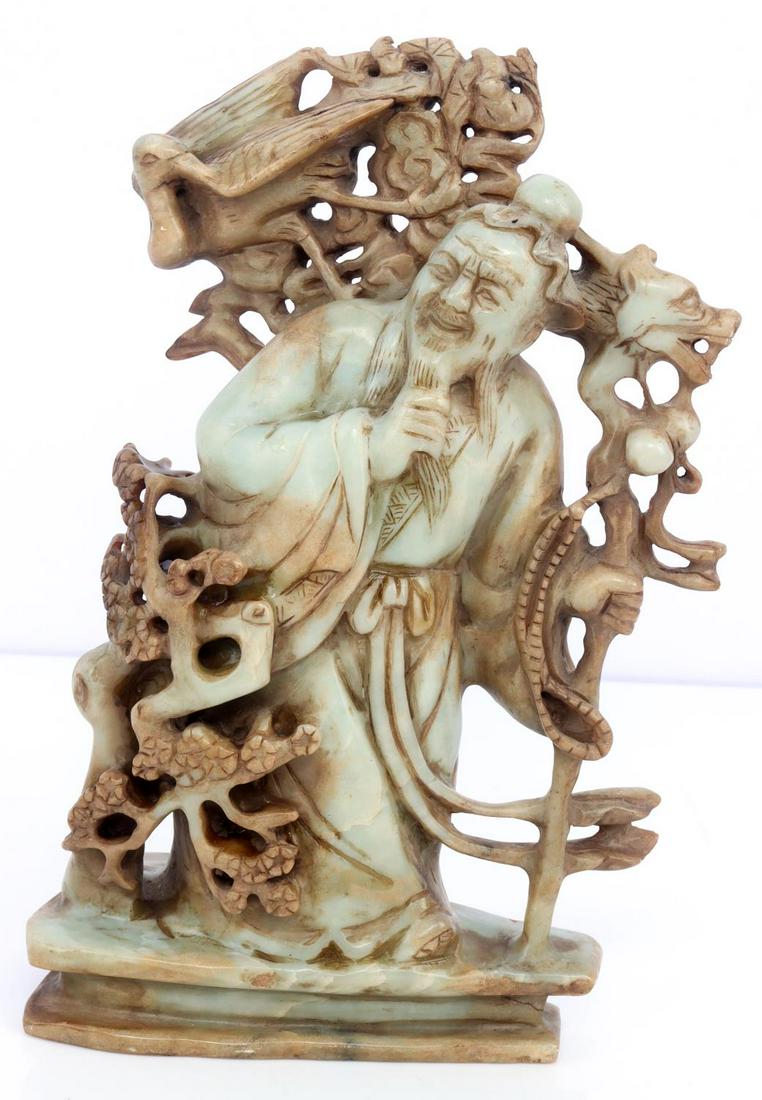 CHINESE CARVED SOAPSTONE FIGURE OF IMMORTAL ZHANG: Hand carved and polished soapstone sculpture of Zhang Guo, better known as Zhang Guolao. They are a Chinese mythological figure and one of the Eight Immortals in the Taoist pantheon. In very good cond
