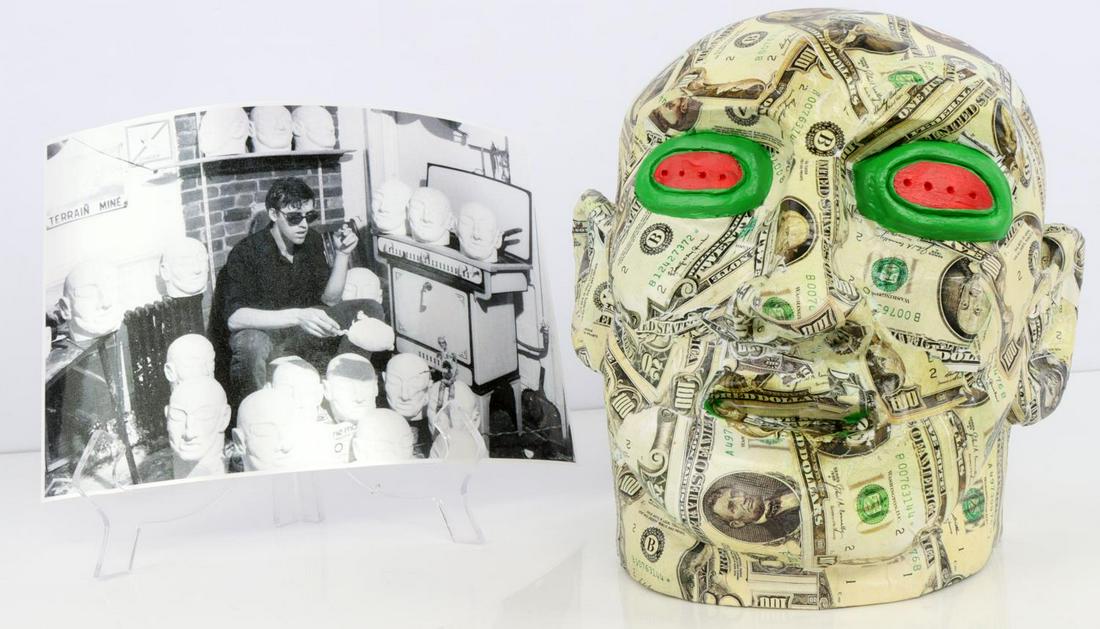 DAVID WOJNAROWICZ UNTITLED METAMORPH0SIS HEAD: Untitled (from The Metamorphosis series) Signed, dated and inscribed to verso David Wojnarowicz NYC 1984. Incised signature and date to underside 'Wojnarowicz 84'. Collaged paper and acrylic on cast p