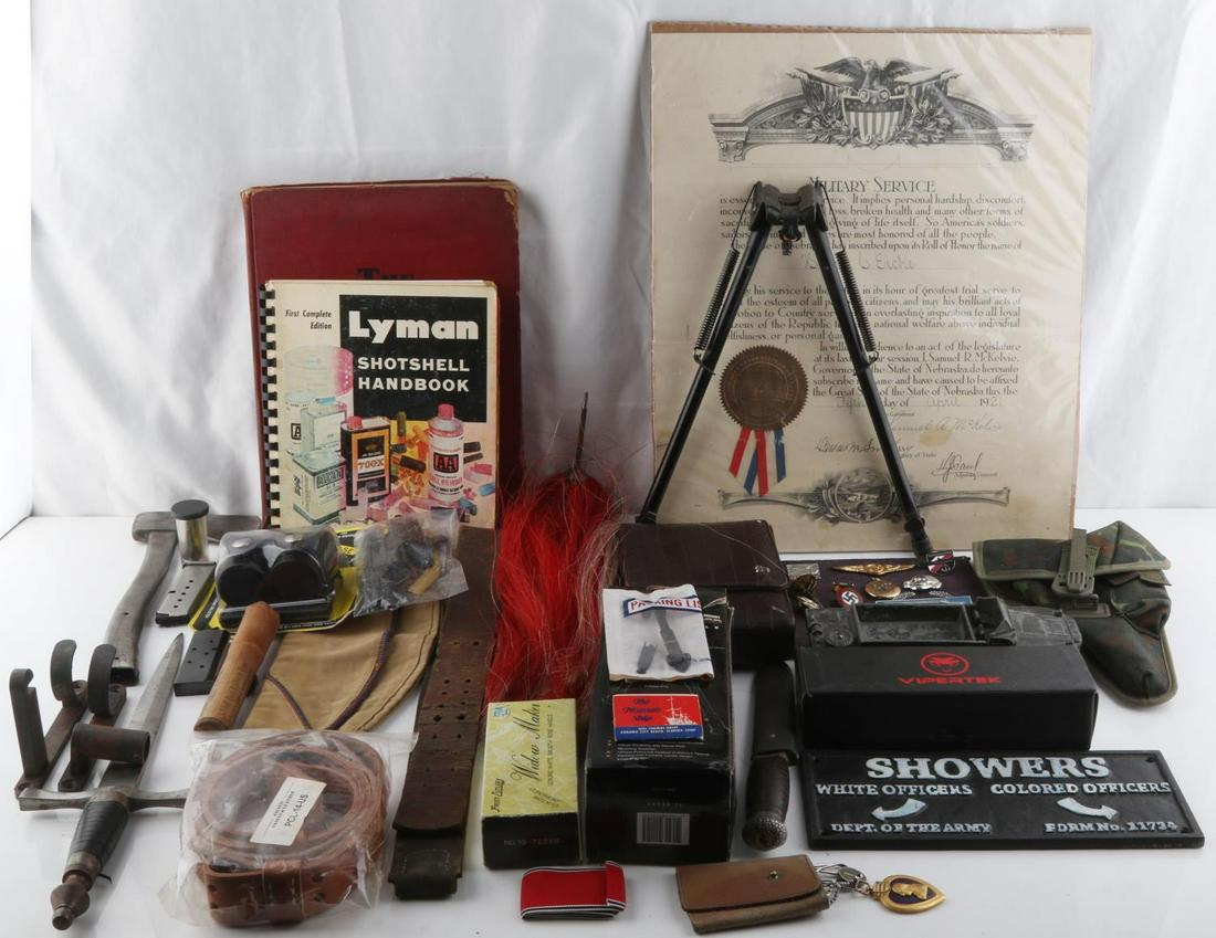 FIREARMS ACCESSARY MILITARY DAGGER BADGE BOOK LOT: Big variety of firearms accessorie, Military collectables, railroad and more. Partial listing includes: 1921 Nebraska service certificate, sealed antique railroad flare dated 1955, leather grip, milit