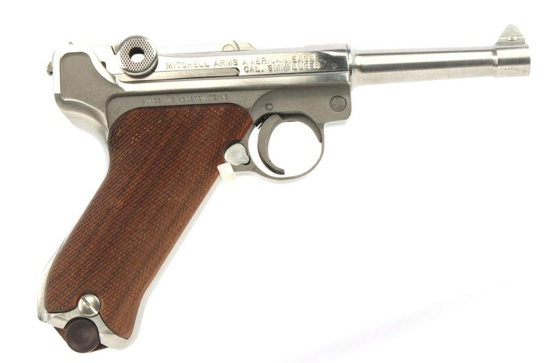 MITCHELL ARMS AMERICAN EAGLE 9MM LUGER HANDGUN: Mitchell Arms American Eagle 9mm Luger semi-automatic handgun with one magazine. Bright and clear bore with very light pitting. 4 inch barrel. Right receiver marked "Mitchell Arms American Eagle Cal. 