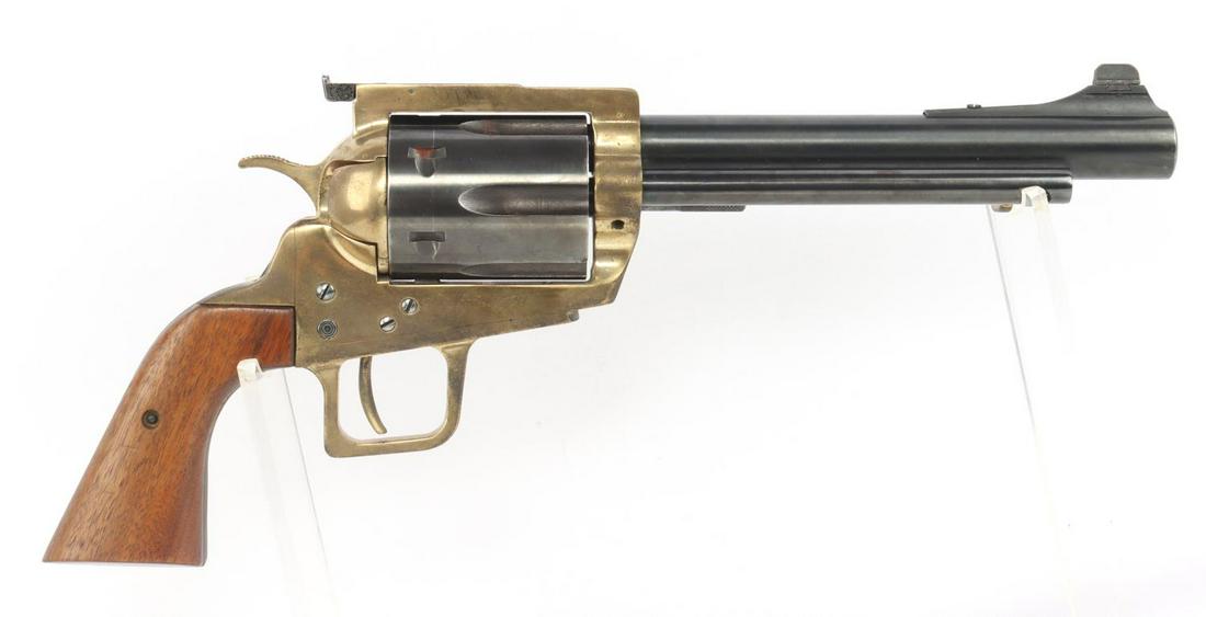 CENTRUY MFG INC 45-70 SINGLE ACTION REVOLVER: Century Manufacturing Inc 45-70 single action revolver. 8 inch barrel. Bright and clear bore with some oxidation. Brass frame marked left "Century Mfg. Inc. Greenfield, Ind" and right "Model 100." Lef