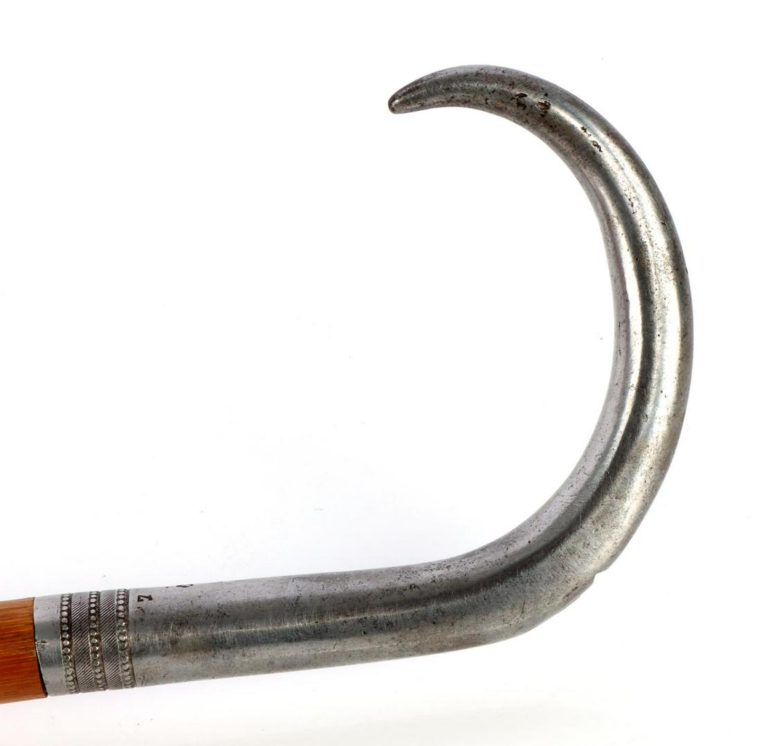 ANTIQUE 19TH CENTURY GUN CANE BAMBOO SHEATH: Chambered for .32 caliber, ferrule tip is removed and used to pull back trigger device. Handle is removed to insert round, unmarked except for the numbers (7, 2 & 4) in a triangle where the metal hand