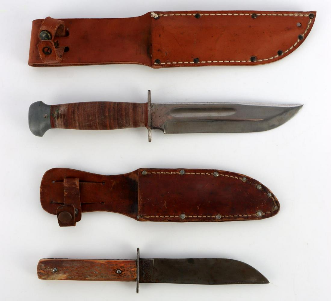 WWII FIGHTING KNIFE LOT PAL & DATED CAMILLUS: The smaller 9 inch Camillus stag grip, sheath is dated 1942 survival 4th Air Force, the RH Pal 36 is very good original condition.