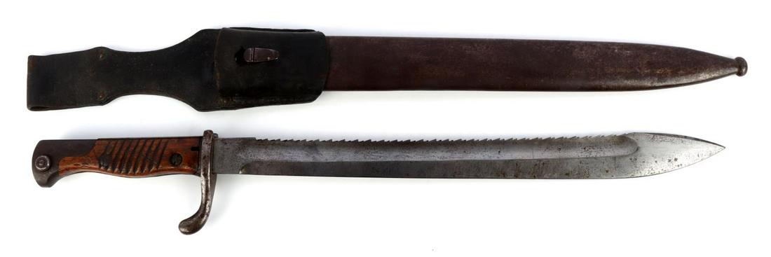 WWI GERMAN BUTCHER M1898 BAYONET & SCABBARD & FROG: Full length 19 3/4 inches, scabbard has a small dent otherwise good, nice blade free of pitting, maker stamped H. Mundlos & Co.