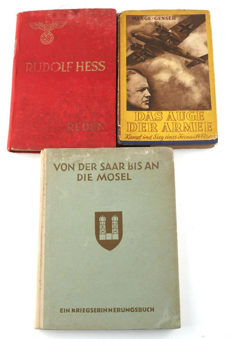 3 WWII GERMAN PERIOD BOOK LOT RUDOLF HESS NSDAP: Lot includes Rudolf Hess by Reden NSDAP press, signed by Battalion Chief Kriegsmarine in 1940, heavily used, German Air Force 1943, with Dust jacket, West Division from Landau NSDAP Press, all 3 rare.