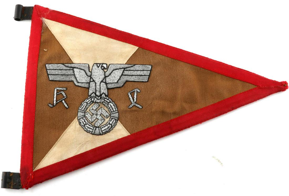 WWII GERMAN NSDAP KREIS LEITER AUTO FENDER PENNANT: Nice bullion Eagle on a brown and white background for district leader, still retains metal attachment rings showing some wear with light surface rust, double sided, very good original condition. This