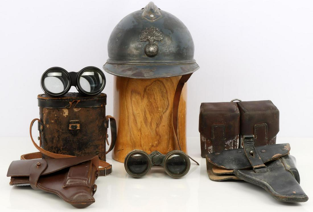 WWII GERMAN AND FRENCH ADRIAN HLMET HOLSTER & MORE: Lot features a French Adrian M26 helmet with horizon blue paint, ammo pouch, 2 pistol holster, 2 binoculars. Very good condition. Helmet measures 10 inches.