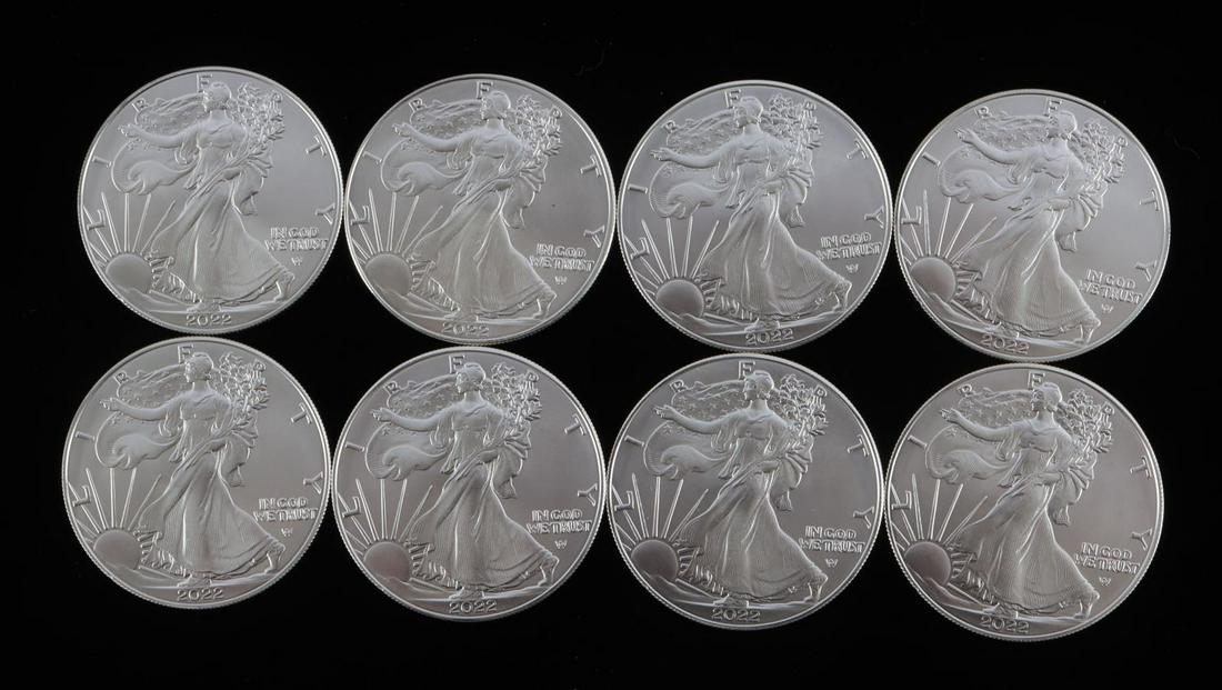8 AMERICAN EAGLE 1 OZ SILVER COINS: Total of 8 troy ounces of fine silver 1oz American Eagle coins. This lot has a reserve.