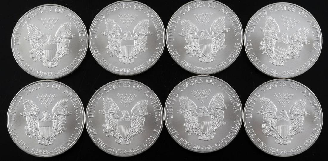 8 $1 AMERICAN EAGLE 1 OZ SILVER DOLLAR COINS: Total of 8 troy ounces of brilliant uncirculated fine silver coins. This lot has a reserve.