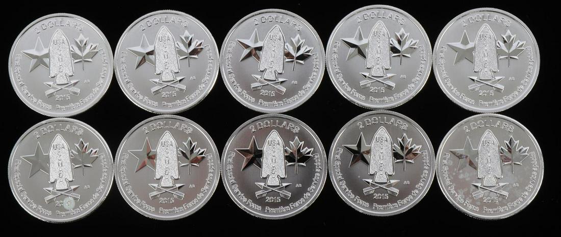 2015 CANADA DEVILS BRIGADE 2 DOLLAR LOT OF 10: Total of 10 Royal Canadian Mint coins commemorating the First Special Forces from WWII. Each coin has a half ounce of pure .999 silver with Queen Elizabeth on the obverse, star with maple leaf design