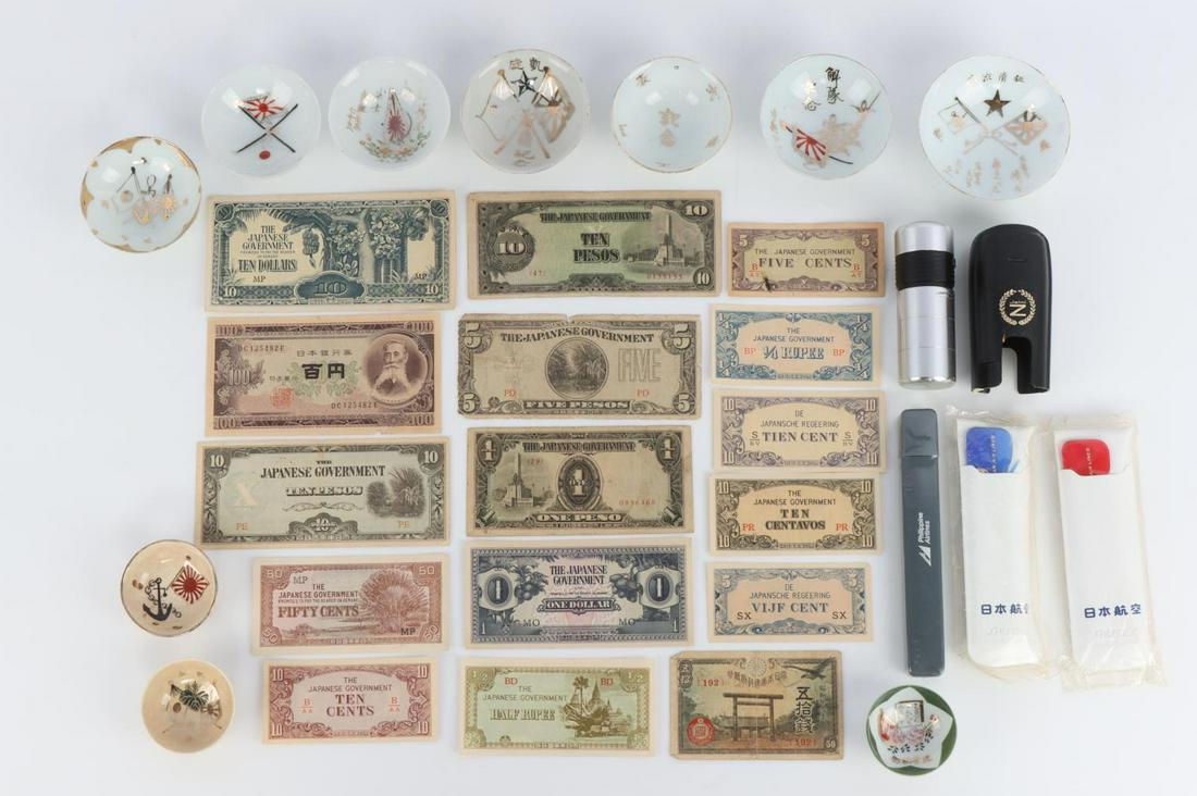 JAPANESE INVASION NOTES SAKE CUPS & AIRLINE TRAVEL: 10 assorted Japanese sake cups including several with Military Nautical images. 17 Japanese invasion notes. Denominations include Pesos, Dollars, Cents, Nippon Ginko, Rupee, Centavos, VIJF Cent. A few