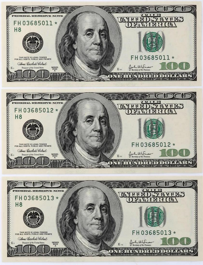 SEQUENTIAL CURRENCY $100 STAR NOTES $1000 FACE MS: 10 uncirculated sequential $100 dollar star notes. 2003 A Series, Cabral-Snow. $1000 face value. There is a total of $10,000 sequential $100 notes between both our February Auctions. This lot has a re