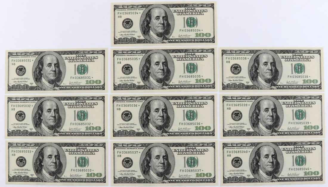 SEQUENTIAL CURRENCY $100 STAR NOTES $1000 FACE MS: 10 uncirculated sequential $100 dollar star notes. 2003 A Series, Cabral-Snow. $1000 face value. There is a total of $10,000 sequential $100 notes between both our February Auctions. This lot has a re