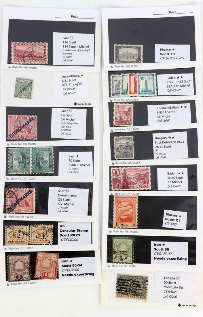 UNSEARCHED GERMAN STATE & INTERNATIONAL STAMPS: Mostly German State stamps with Canada, Luxembourg Hungary and Iran. Each is categorized by a Scotts or Michel Collector Value and/or a Sell Value along with a Catalog No. Collection has cancelled and