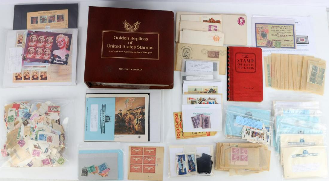 HUGE US WORLD STAMP COLLECTION MINT CANCELLED: Highlights, $45.00 in useable postage stamps and plates, 3.00 in unused envelopes and postcards, 1.68 in mint but stuck to envelope plate blocks, 34 golden Replica stamp FDC's, 8 forever stamps, over 