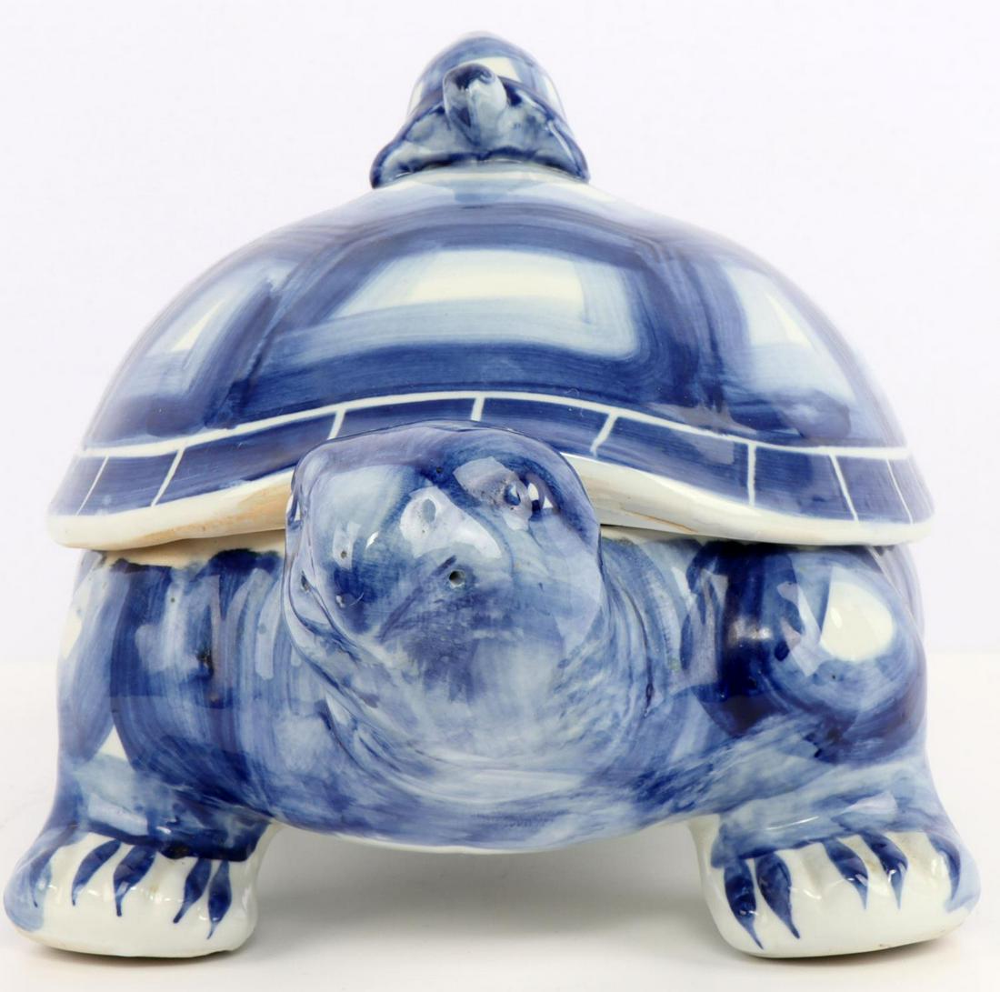 CERAMIC HAND PAINTED TURTLE STORAGE PLANTER: Hand crafted and painted lidded planter. Condition: Good Dimensions: 15X8X9 inches.