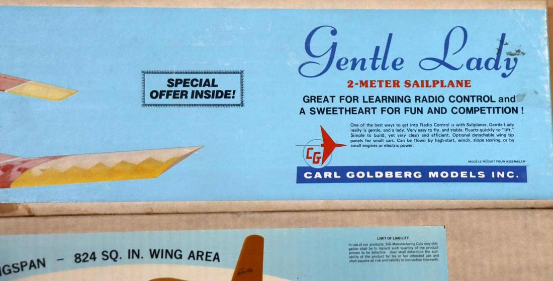 CG GOLDBERG GENTLE LADY SAILPLANE & SIG ASTRO HOG: Two complete balsa radio controlled sets, 2 meter Sailplane Carl Goldberg model, and SIG Astro-Hog, complete original sets.