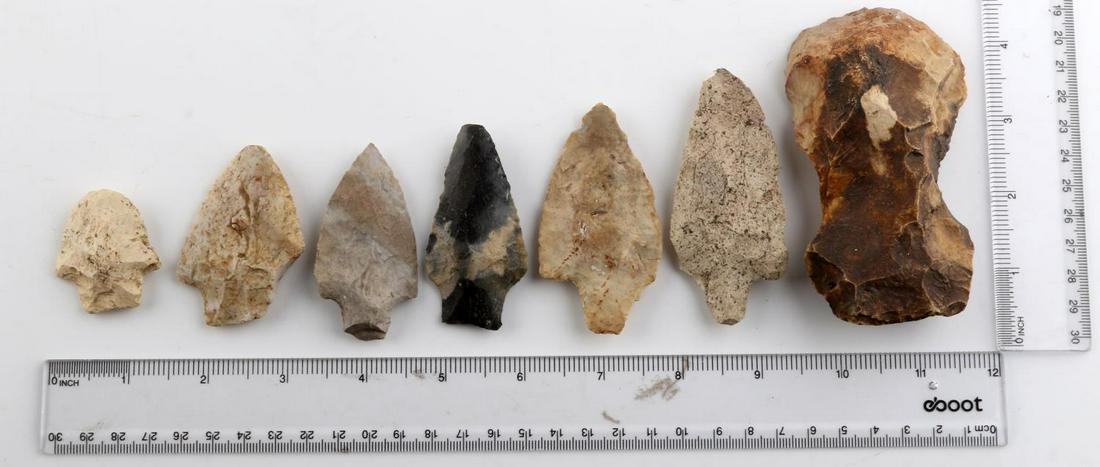NATIVE AMERICAN FLORIDA & COASTAL ARROWHEAD FINDS: Authentic Native American Florida points. 5 Leon County finds and 1 Coastal beach point. Lengths range from 3 3/8 inches to 1 3/4 inches. Includes 1 stone axe head hand tool; length of 4 1/4 inches.