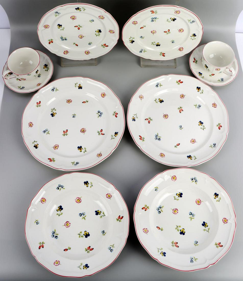 2 SETTINGS VILLEROY & BOCH PETITE FLUER PORCELAIN: This setting for 2 of premium Villeroy & Boch porcelain in Petite Fleur design. Lot includes 2 of the following: 10.25 inch Dinner plate, 8.5 inch Salad plate, 9.25 inch Rim Bowl, Teacup and Saucer. C