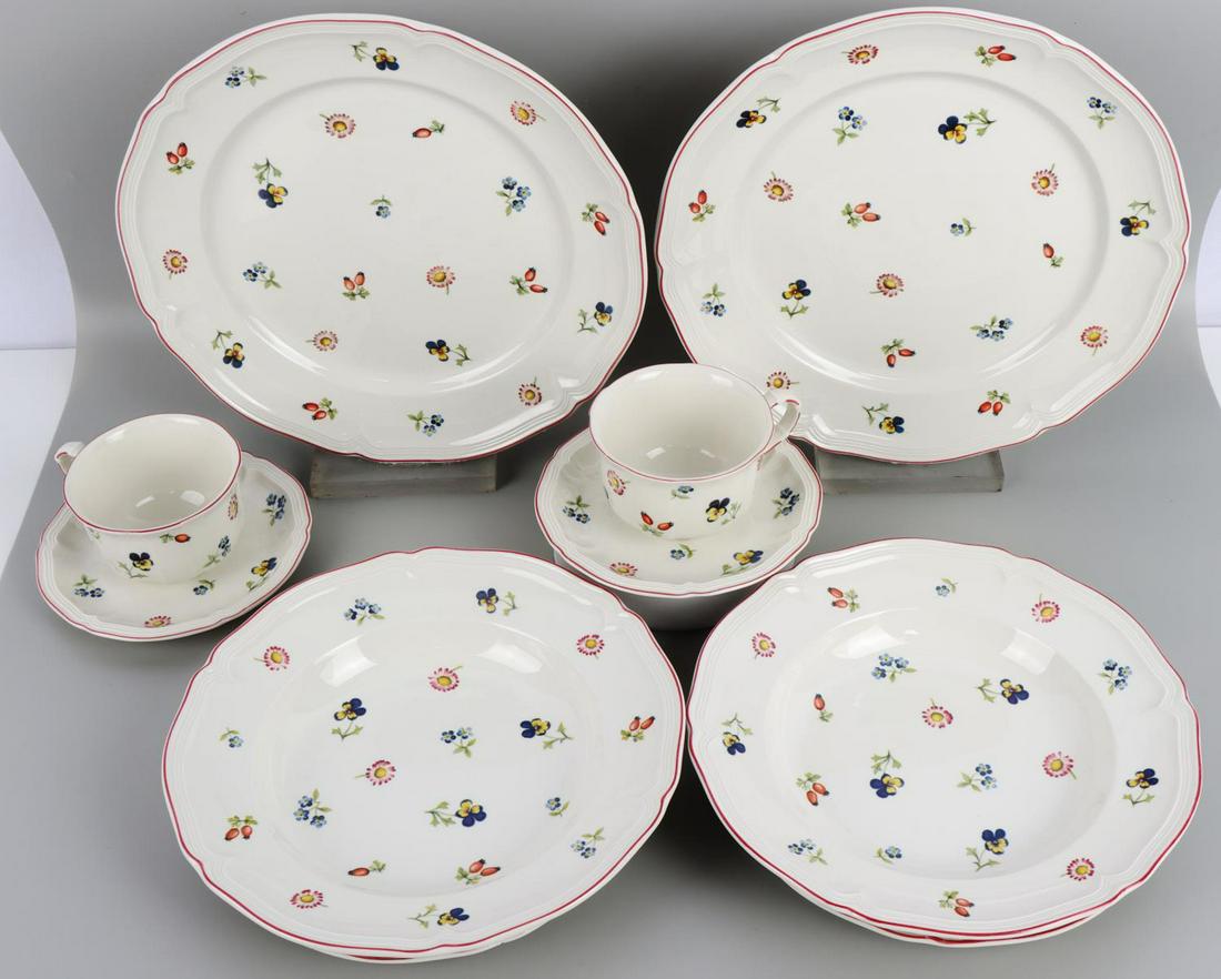 2 SETTINGS VILLEROY & BOCH PETITE FLUER PORCELAIN: This setting for 2 of premium Villeroy & Boch porcelain in Petite Fleur design. Lot includes 2 of the following: 10.25 inch Dinner plate, 8.5 inch Salad plate, 9.25 inch Rim Bowl, Teacup and Saucer. C