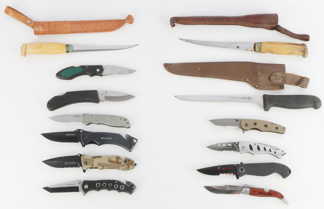 13 S&W SHEFIELD WINCHESTER MUNDIAL KNIFE LOT: Lot of thirteen (13). Includes Marttini fish knives, Mundial fish knife, & folding knives are a mix of S&W, Gerber, Sheffield, and Chinese. All used.
