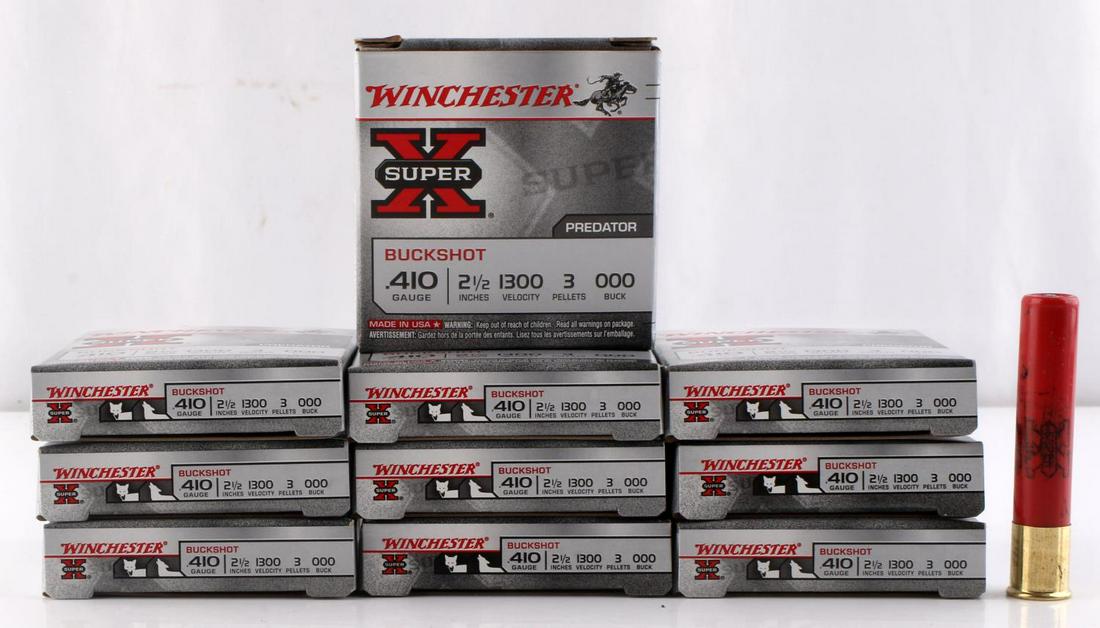 50 ROUNDS OF WINCHESTER 410 SHOTGUN AMMO: 2 1/2 inch shell, 3 pellets, 000 buck. New in box. This lot has a reserve.