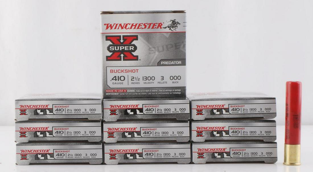 50 ROUNDS OF WINCHESTER 410 SHOTGUN AMMO: 2 1/2 inch shell, 3 pellets, 000 buck. New in box.