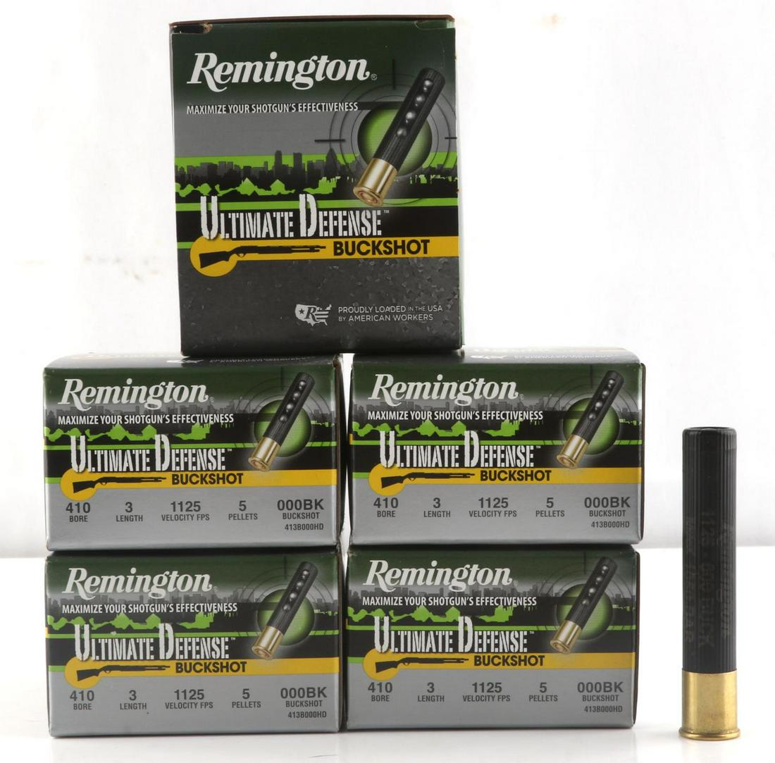 75 ROUNDS 410 REMINGTON ULTIMATE HOME DEFENSE AMMO: 75 rounds of 410 Remington Ultimate Home Defense Buckshot ammunition. Comes in 5 unopened boxes, 15 rounds each, 3 inch shells.