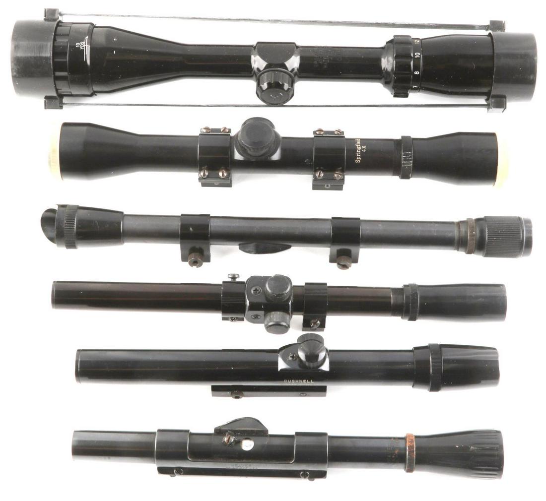 6 RIFLE SCOPE LOT SIMMONS BUSHNELL SPRINGFIELD: Includes boxed Simmons 4x12x40 inches, Bushnell 4x Custom 22, Springfield 4x, Daisy Powerline model 808 4x15, Apache 4x, and a Weaver .22 Tip Off. All optics are in very good original condition.