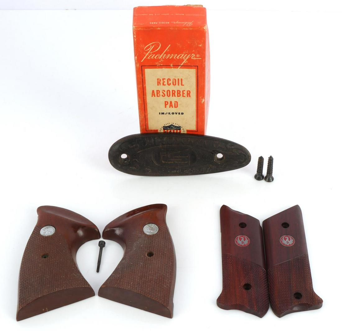 COLT SNAKE SERIES & RUGER 1911 GRIPS RECOIL PAD: Colt grips measure 4 1/2 inches along the curve, Ruger 4 1/4 inches, and browning automatic boxed Pachmayr recoil pad.