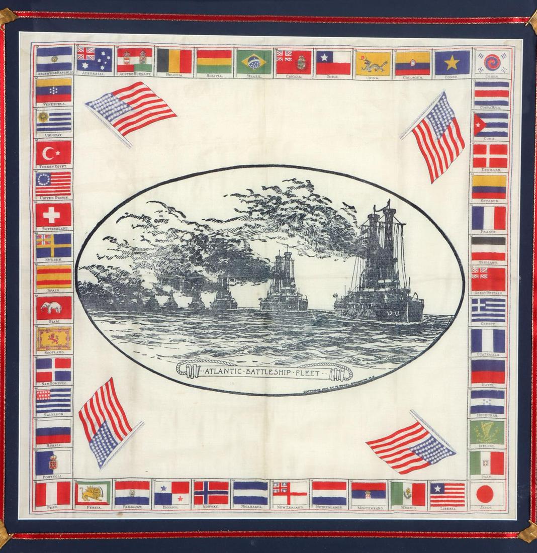 FRAMED U.S. NAVY 1910 BATTLESHIP FLEET SILK FLAG: Very good original condition, frame measures 21 by 20 inches, Silk measures,15 X 141/2