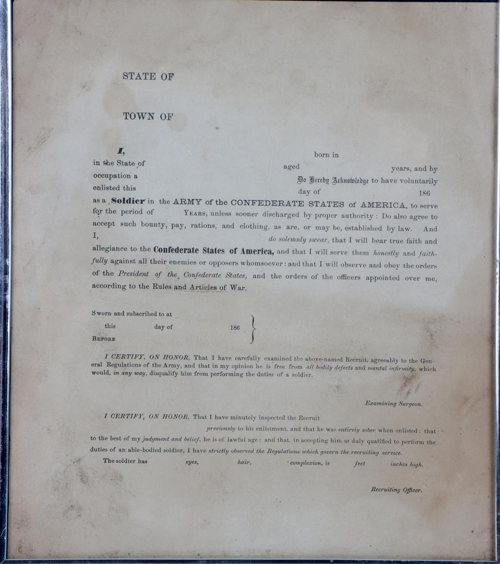 CSA CONFEDERATE STATES ENLISTMENT & WWI SERVICE: Unused Confederate enlistment contract in 10 by 12 frame, not glued, also WWI Facsimile signed Coolidge Massachusetts Gratitude document , in original 14 by 13 inch frame, these documents can be remov