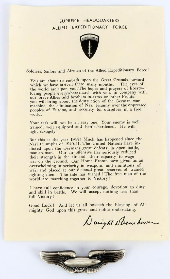 WWII D-DAY SHAEF LETTER & BLIMP PILOT WINGS: Both quality reproduction pieces, the Blimp badge is stamped sterling and acid and electronically test for sterling.
