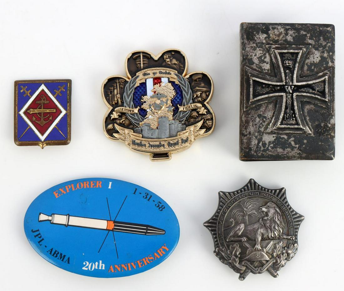WWI BADGE MATCH COVER SPACE PIN USMC CHALLENGE: 5 Items WWI Iron Cross match cover, WWI German Lion Infantry Memorial badge, Explorer I pin, USMC challenge coin, French naval badge
