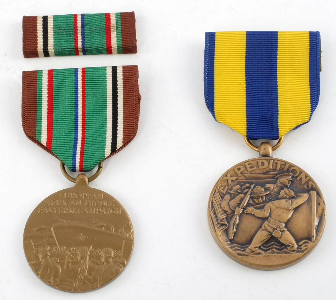 WWII US MILITARY NAVY MEDALS CAMPAIGN EXPEDITION: Lot includes: European African Middle Eastern Campaign medal with ribbon bar and USN Expedition medal. Very good condition.