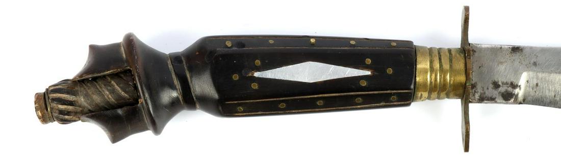 PHILIPPINES HANDMADE BRING BACK BOWIE KNIFE: Measures 13 1/ inches long with blade. Sheath in good condition with design present. Blade in good condition, very sharp. Handwritten message on back of sheath