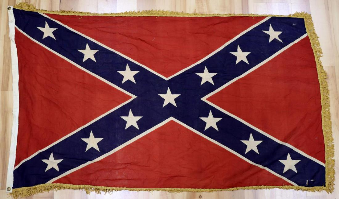ANTIQUE STARS AND BARS CONFEDERATE FLAG: Printed wool construction. Measures 56 X 33 inches. Very good condition.