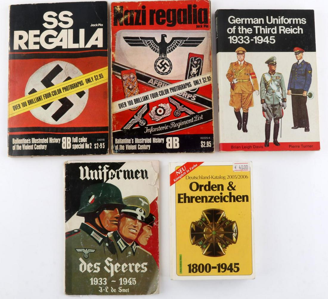WWII GERMAN THIRD REICH BOOK LOT OF 5: Books featured are German Uniforms of the Third Reich 1933 - 1945 by Brian Leigh Davis, SS regalia by Jack Pia, Nazi Regalia by Jack Pia, Uniformen Des Heeres, and Orden & Ehrenzeichen 1800-1945. Very