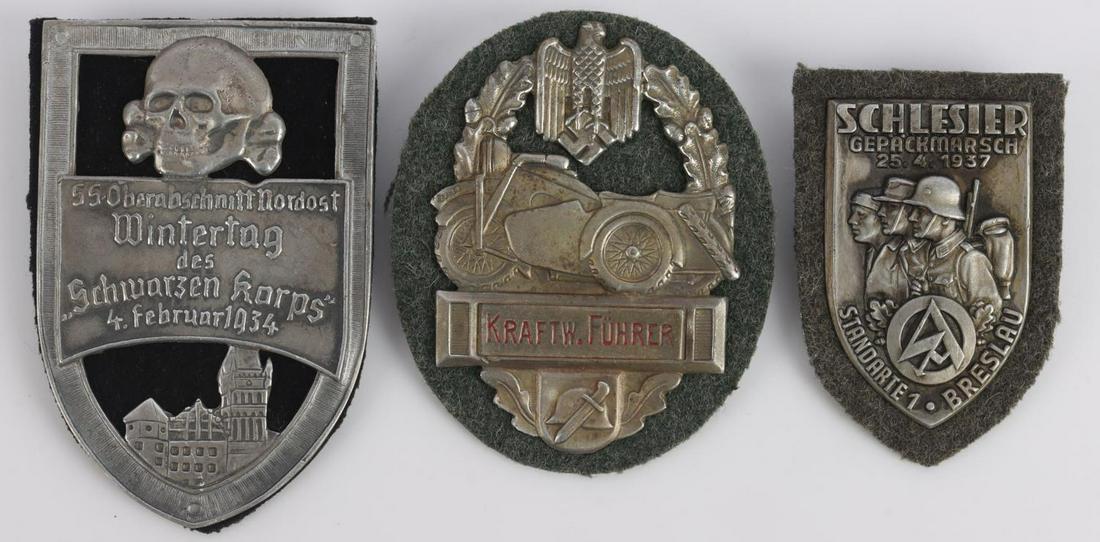3 WWII GERMAN REICH SLEEVE SHIELD LOT NSKK AND SS: SS, SA, and NSKK sleeve shields. Measure 2.5 & 3 inches. Very good condition.