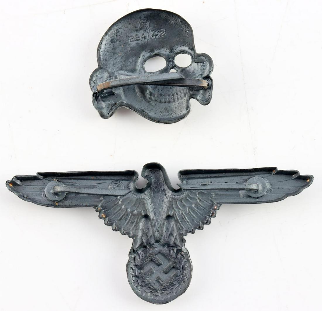 WWII GERMAN THIRD REICH SILVER SS VISOR PIN SET: Nice silver set of SS NCO visor pins. Totenkopf marked RZM 254/42. Parteiadler marked M1/24. Measure 1 & 2 3/4 inches. Very good condition. Electronically tested for sterling. Collector's copy.