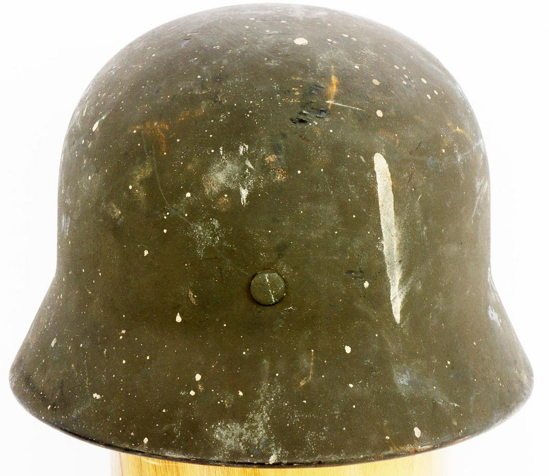 WWII GERMAN HEER M40 HELMET WITH LINER: WWII German Heer M40 single decal helmet. Forest green painted steel shell with heer decal to left ear. Interior rear skirt heat stamped for Quist factory and numbered 348. 8 finger leather intact lin