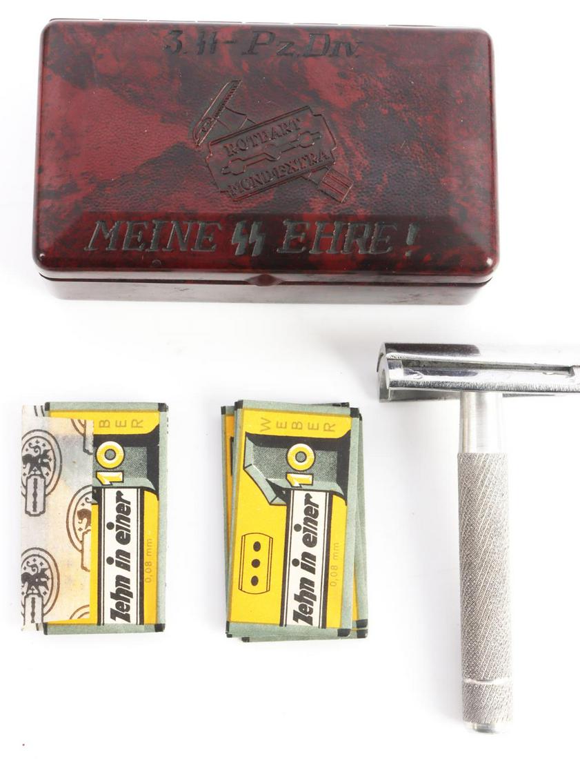 WWII GERMAN 3RD SS PANZER DIVISION RAZOR CASE: 3 SS Pz. Div with SS motto. Case is Bakelite. comes with safety razor and blades. Measures 3 5/8 X 2 inches. Very good condition.