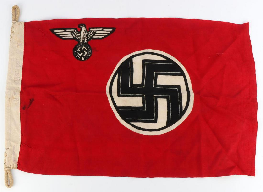 WWII GERMAN NSDAP THIRD REICH SERVICE FLAG: Measures 2 feet wide by 15 1/2 inches long. Marked "Dt. Reichsdienstfl." on flag hoist. Does not fluoresce. Unauthenticated, sold as is.