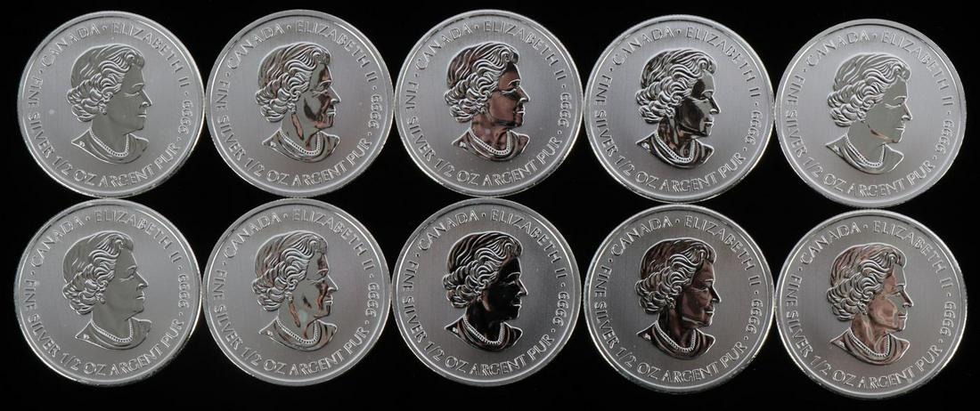 2015 CANADA DEVILS BRIGADE 2 DOLLAR LOT OF 10: Total of 10 Royal Canadian Mint coins commemorating the First Special Forces from WWII. Each coin has a half ounce of pure .999 silver with Queen Elizabeth on the obverse, star with maple leaf design