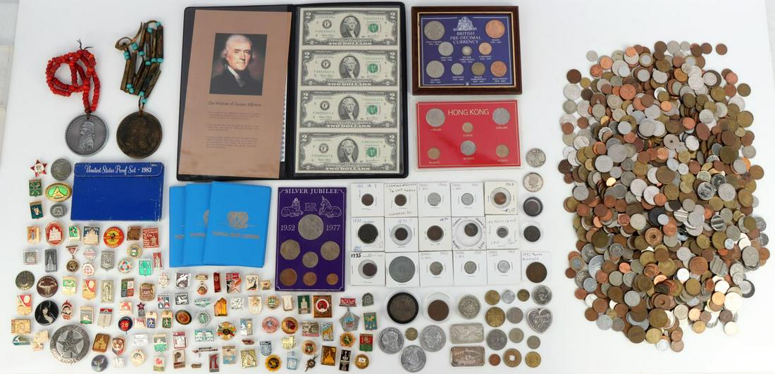 OVER 21 POUNDS WORLD US COIN TOKEN BADGE LOT: Unsearched one our most popular offerings, silver, tokens, medals and badges, currency, sets and more, sold as is.