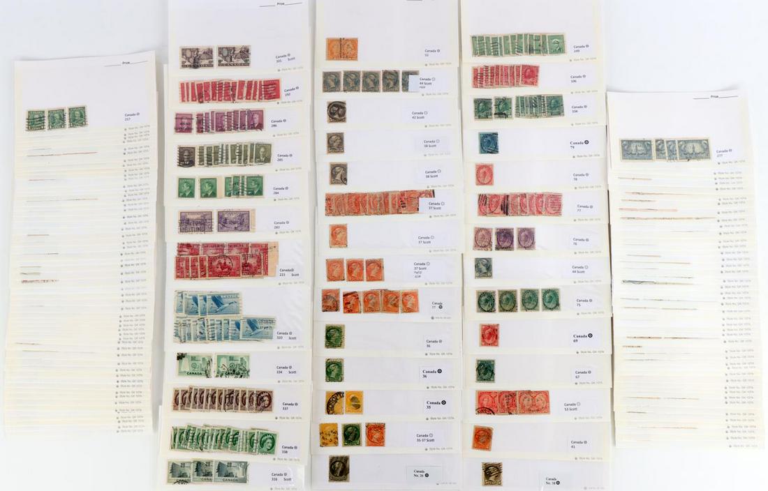 CANADA STAMP LOT $1000'S SCOTTS VALUE: All are cancelled in this lot but meticulously placed in stamp cards with Scotts reference number, they start No. 26 and run to 338, even current selling values exceed $500.