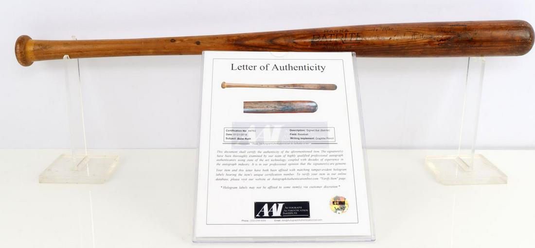 NEW YORK YANKEES BABE RUTH AUTOGRAPHED BAT: Hanna Batrite wooden baseball bat autographed by Hall of Fame New York Yankee 1923 MVP, 7x World Series Champion George "Babe" Ruth. Signed with graphite pencil. Reads "To Mac From Babe Ruth". Signatu